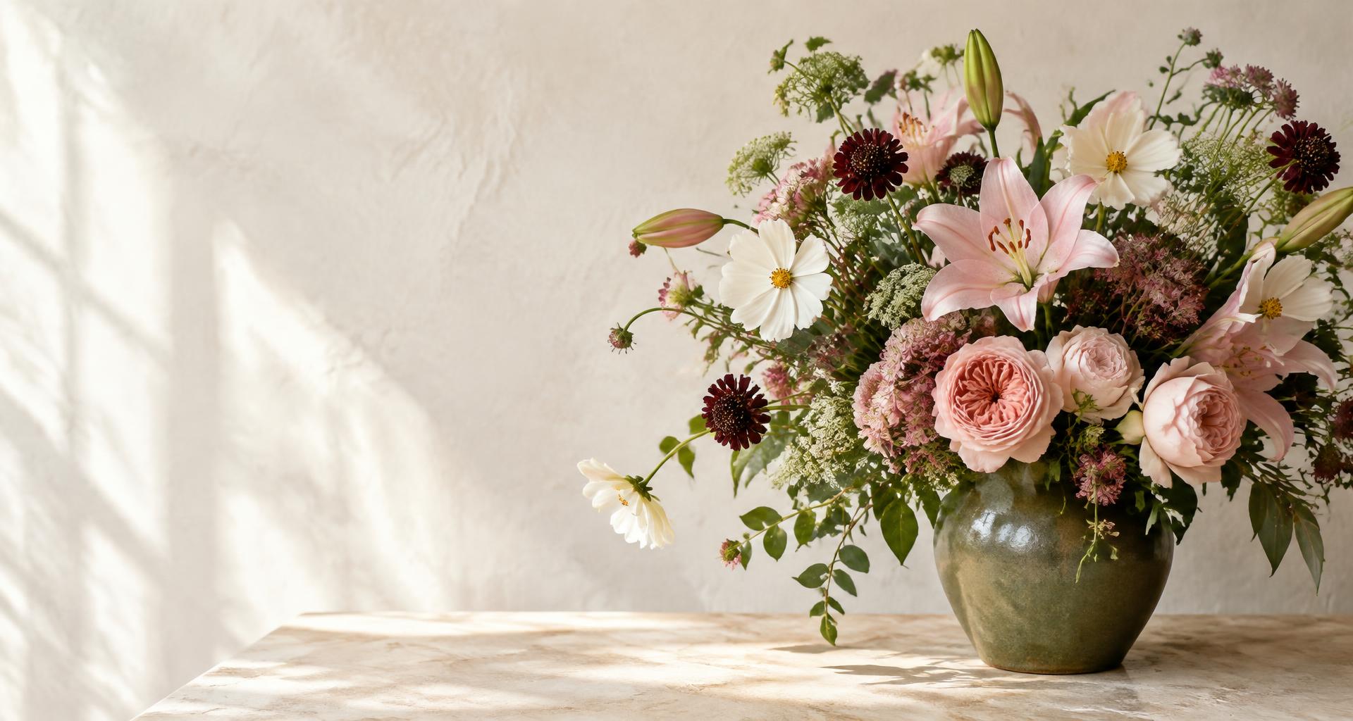 Pink lilies, garden roses, and white cosmos in a green vase