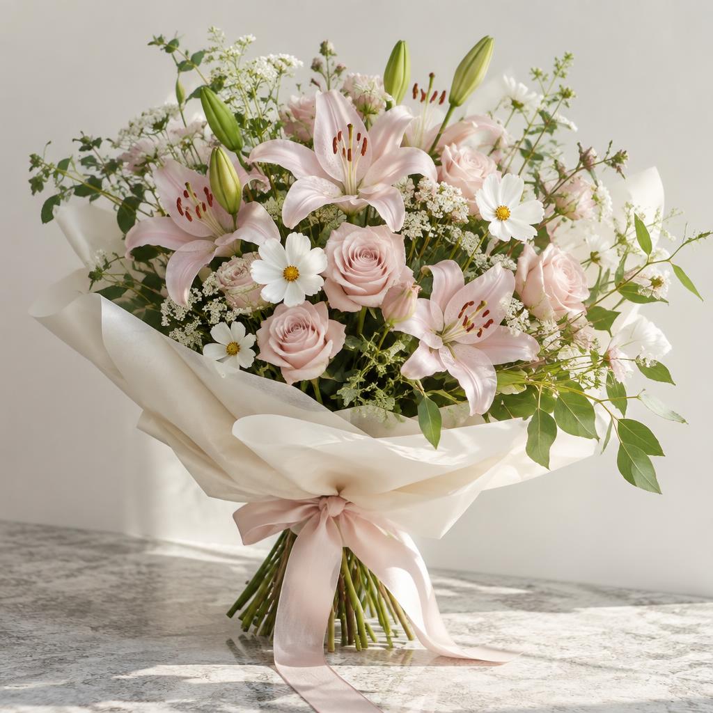 Illustrative seasonal pink lily bouquet